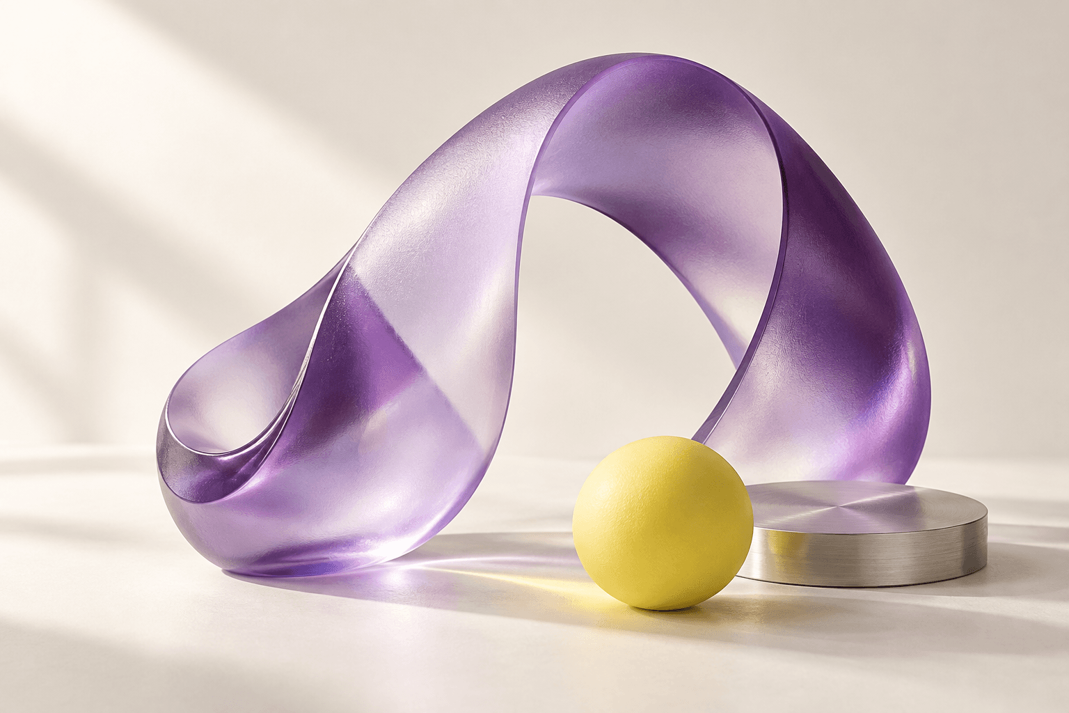 Escultura de vidro violeta em forma de conexão contínua, com esfera amarela